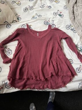 Free People Berry Waffle Knit V-Neck Off the Shoulder Sweater